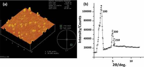 Figure 1. (a) (Color online) 3D Atomic force microscopy (AFM) image of Fe nanoparticles prepared by gas flow sputtering on a Si-SiO2 surface. The nanoparticles size is deduced from the height profile and found to amount to 20 nm diameter (±3 nm). (b) X-ray diffraction patterns of Fe nanoparticles prepared under sputtering pressure of 150 Pa, nanoparticle aggregation length of 200 mm, discharge power of 290 W, and Ar flow rate of about 490 SCCM. The XRD reveals that only α-Fe with bcc structure was detected. The transverse dimension of NPs appears artificially broadened due to the tip size convolution, which is typical characteristics of the AFM measurements.