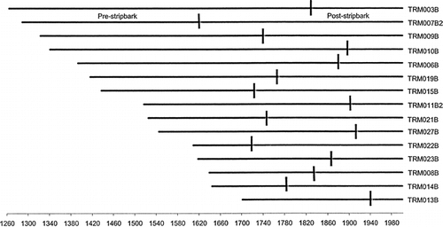 FIGURE 3. The approximate date of the strip-barking event is shown for 15 of the 27 trees used in the study. Although cores were taken from the dead sides of all trees, only the 15 shown were possible to date using dendrochronological methods