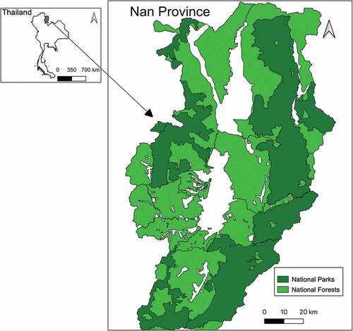 Figure 1. Spatial distribution of national parks and national forests in Nan province. Areas in white on the map represent non-forest uses such as agriculture, water, and fallow land.