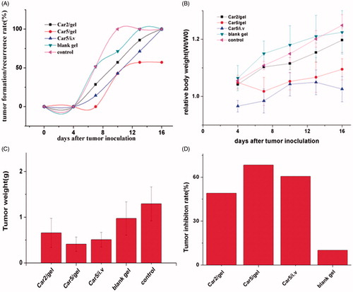 Figure 5. (A) The tumor formation/recurrence rate, (B) relative body weight, (C) average tumor weight and (D) tumor inhibition rate in various groups after drug administration. The data were given as mean value ± SD over seven mice in each group.