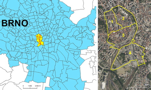 Figure 2. Localization of the pilot area (yellow) within the Brno. Selected spatial units: 1 – Náměstí Svobody’, 2 – ‘Janáčkovo divadlo’, 3 – ‘Zelný trh’, and 4 – ‘Přízová’.