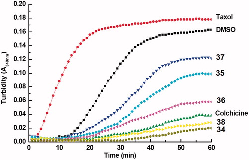 Figure 8. Tubulin polymerization activity of 5 μM of each of designed chalcones 34–38 on tubulin polymerization. Taxol and colchicine (5 μM) used as reference compounds whereas DMSO was used as control. The activity was assessed by turbidity change using UV-VIS spectrophotometry.