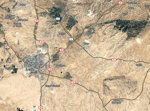 Figure 1. Northern threshold of the Naqab/Negev desert (Israel). The location of urban Bedouin communities: Rahat, Ar’arat an-Naqab (Ar’ara BaNegev), Kuseife (Kseifa), Shaqib al-Salam (Segev Shalom), Hura, and Laqiya. The green areas denote artificially irrigated zones, either forests or terrains located within, or administrated by, Jewish-only settlements. The biggest greenish patch on the right is the Yatir Forest, the largest Israeli forest. Via GoogleMaps (April 2022).