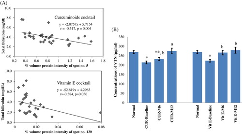 Figure 1. (A) Correlations between vitronectin intensities and total bilirubin levels; (B) The ELISA results of vitronectin in normal subjects and patients treated with curcuminoids and vitamin E antioxidant cocktails. * p < .001 compared to normal; ** p < .05 compared to normal; a p < .001 compared to baseline; b p < .05 compared to baseline.