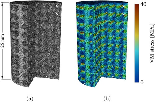 Figure 10. Volume meshes generated by ASLI can be used in finite element simulations: (a) volume mesh of a cylinder provided with a skeleton-primitive infill and (b) FE simulation result. One quarter of the cylinder has been hidden to show internal structure and stresses.