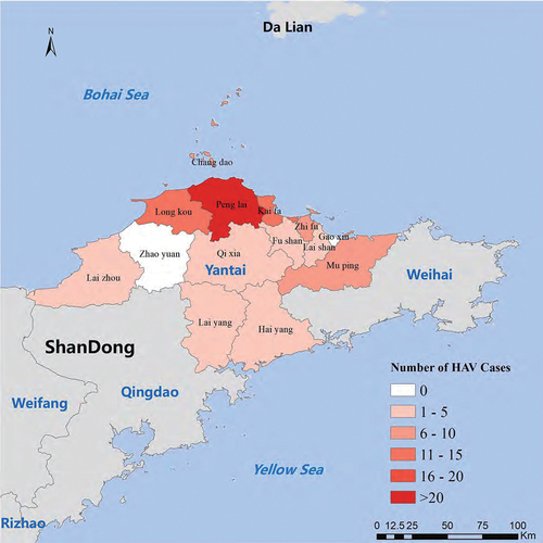 Figure 1. Geographic distribution map of the reported cases of hepatitis A epidemic by county (district) in Yantai, Shandong province, China, onsets of 1 January to 31 March 2020.