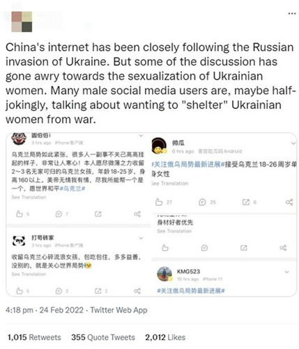 Figure 1. A VOA journalist’s tweet exposing Chinese social media users’ sexualization of Ukrainian women.Translation:Footnote1User 1: The Ukrainian situation is alarming, but so many people do not care about it at all. This is very disappointing! I would like to use my limited capacity to shelter 2–3 Ukrainian girls, who are between 18 and 25 years old and at least 160 [cm] tall. American imperialists are apathetic, but I am empathic and would like to help as much as I could. World peace #UkraineUser 2: Accepting heartbroken Ukrainian homeless girls. Food and shelter are provided, and the more the better. Nothing much, [I] just care so much about world affairs.User 3: #FocusingonthelatestdevelopmentsintheRusso-Ukrainiansituation Accepting Ukrainian single women between 18 and 26 years old.User 4: Waiting online for heartbroken Ukrainian girls. Most welcome if she is between 18 and 25 years old, 165–175 [cm] tall, has no obvious body odor, and has a good body shape.User 5: #FocusingonthelatestdevelopmentsintheRusso-Ukrainiansituation Accepting homeless Ukrainian friends, and ladies are first to serve.