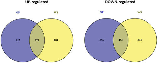 Figure 5. Venn diagrams of the differentially expressed genes (DEGs) in Neofusicoccum parvum Bt-67 grown in presence of different lignocellulosic biomasses. GP = grapevine canes; WS = wheat straw. Growth with glucose was used as control. The number in each circle indicates the number of DEGs for each condition. The overlapping number indicates the number of DEGs in both conditions.