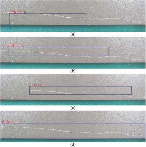 Figure 11. Comparison of the scratch detection results for (a) Faster R-CNN detection, (b) YOLOv3 detection, (c) YOLOv5x detection and (d) our model.