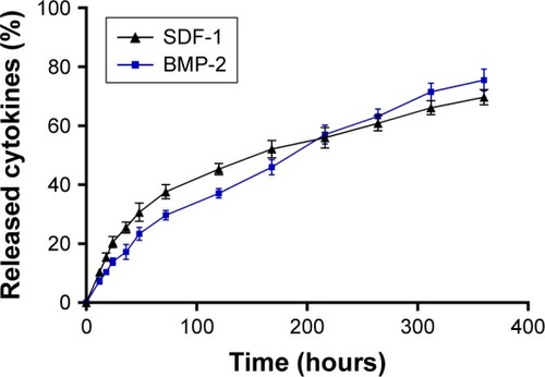 Figure 4 Release kinetics of SDF-1 and BMP-2 from the NP-modified CAG scaffold were measured using an ELISA, n=3 for each group.Abbreviations: BMP-2, bone morphogenic protein-2; CAG, chitosan-agarose-gelatin; SDF-1, stromal cell-derived factor 1.