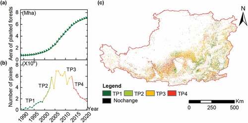 Figure 4. Temporal characteristics of the conversion to planted forests: (a) total area of planted forests and (b) number of newly planted forest pixels in each year forming four temporal phases (TPs), and (c) spatial distribution of the newly planted forests in TP1, TP2, TP3, and TP4, respectively.