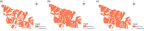 Figure 12. The mapping of the post-fire burned area based on HJ-1 reflectance and LAI data.