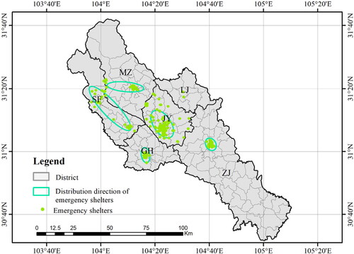 Figure 4. Emergency shelters and their distribution in central district of Deyang.