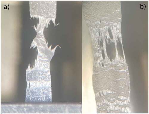 Figure 5. a) Fracture observed for 80–20 sample with LiTFSI b) Fracture of PEO without LiTFSI.