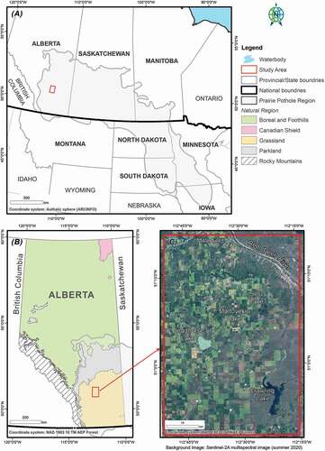 Figure 1. Map of the study area showing (A) the United States and Canada provinces in the Prairie Pothole Region, (B) the natural subregions of Alberta overlayed with the northwestern extent of the Prairie Pothole Region and (C) a summer Sentinel-2 natural composite of the study area for 2020