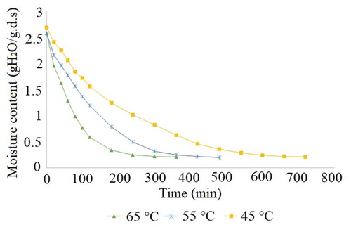 Figure 2. Dehydration kinetics of raw chicken breast in electric oven at natural convection.Figura 2. Cinética de deshidratación de pechuga de pollo cruda en horno eléctrico a convección natural.