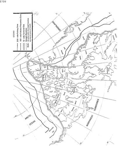 Figure 7. Canadian baselines. Source: Canada: Statement Concerning Arctic Sovereignty, International Legal Materials, Vol. 24, No. 6 (November 1985), 1723–1728. The map affirms Canada’s extended assertion of a 100-nm Pollution Prevention Zone.