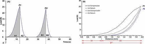 Figure 1. A typical force–time (a) and force-distance (b) graph of two-cycle instrumental TPA for different apple fresh-cut samples (D1 and D2 represents the distance of moving probe down in first and second bites, respectively)