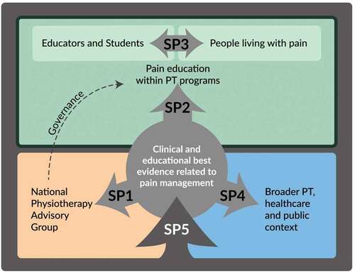 Figure 2. Strategic priorities (SP) included in the Pain Education in Physiotherapy Strategic Plan. SP1 supports stakeholder groups that govern the physiotherapy (PT) profession in Canada (i.e. National Physiotherapy Advisory Group members) by identifying and addressing best evidence related to pain education. SP2 integrates evidence-based pain management competencies and encourages best educational practices within individual physiotherapy programs. SP3 supports partnerships with people living with pain in planning and implementing educational strategies. SP4 promotes evidence-based advocacy regarding the value of PTs in effective pain management. SP5 promotes research and evaluation in relation to pain education and strategic plan implementation.