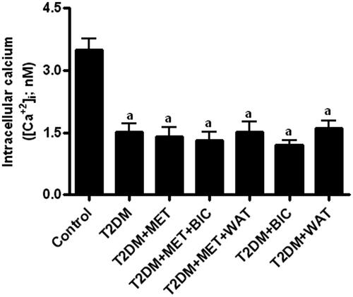 Figure 1. The effect of metformin in presence/absence of bicuculline or wortmannin on T2DM-induced changes in the level of hepatic intracellular calcium. All values are mean ± SEM (n = 6). ap < 0.05 compared to control, bp < 0.05 compared to T2DM, cp < 0.05 compared to T2DM + MET dp < 0.05 compared to T2DM + MET + BIC and ep < 0.05 compared to T2DM + MET + WAT (one-way ANOVA followed by Student–Newman–Keuls test).