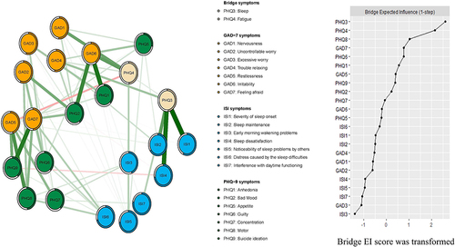 Figure 2 Network structure of depression, anxiety and insomnia in clinicians only showing bridge connection during the late stage of the COVID-19 pandemic.