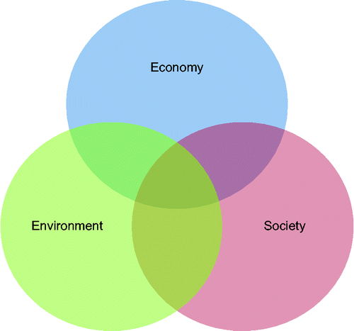 Figure 1 The three dimensions of sustainability. A common understanding is that sustainability can be assessed in economic, societal and environmental dimensions.