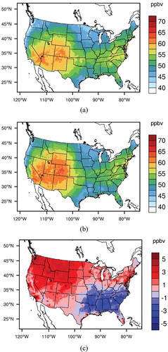 Figure 2. Annual mean MDA8 ozone concentration averaged (a) from 2002 to 2004 (top column, 2000s) and (b) from 2057 to 2059 (middle column, 2050s). (c) Difference of annual mean MDA8 ozone concentration between the future year and the present year (bottom column, 2050s – 2000s).