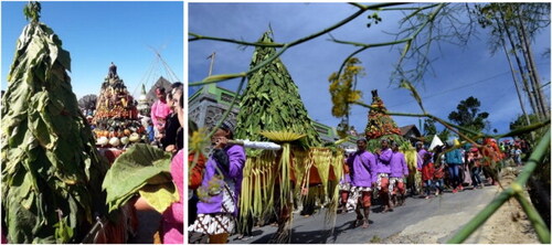 Picture 3. The ‘arak gunungan’ parade during the Tungguk Tembakau Festival in Senden Village, Boyolali, Central Java.Source: Author’s personal documents (left) and The Jakarta Post (right).