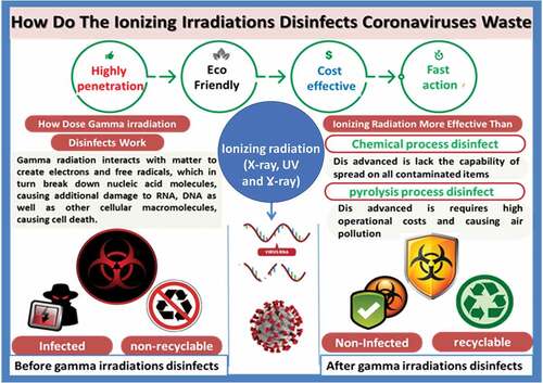 Figure 9. Outlines the gamma irradiation that disinfects coronaviruses waste and how the biohazard materials become more safe and recyclable after exposure to gamma irradiation.