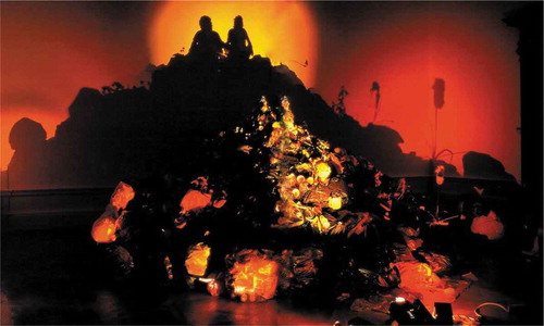 Figure 6. Tim Noble and Sue Webster. The Undesirables. 2000. Trash, electric fan, 3 light projectors & coloured gels and smoke machine. 200 × 600 x 500 cm. (Artwork copyright © Tim Noble & Sue Webster. Photograph copyright © Gestión Cultural y Comunicación S. L.—CAC Málaga). (Noble & Webster, Citation2005).