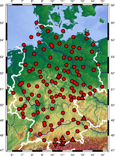 Fig. 1 Area of investigation and location of test sites. Triangles indicate mountain sites, diamonds indicate valley sites. Detailed information on test sites are presented in Supplementary file.