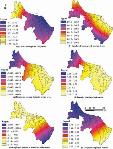 Figure 7. The geographical distribution of local coefficients for the GWR model.