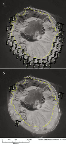 Figure 3 (a) Generalized pre-2008 eruption distribution of canopy kelp (mainly Eualaria fistulosa) around Kasatochi Island (J. Williams and W. Pepper, personal communication, 2009). The 18 April 2009 photo shows the shoreline expansion from the pre-eruption boundary of the island (yellow line). (b) Distribution of canopy kelp (mainly Eualaria fistulosa) around Kasatochi Island one year after the August 2008 eruption.