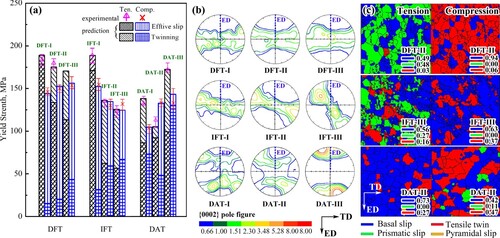 Figure 2. (a) Experimental and predicted tensile/compressive yield strengths using three texture adjusting approaches (DFT, IFT, and DAT); (b) 0002 pole figures using three texture adjusting approaches (DFT, IFT, and DAT); (c) proportions of preferentially activated deformation mechanisms corresponding to the representative textures of (b, DFT-II, IFT-III, DAT-II) estimated using the Sachs assumption.