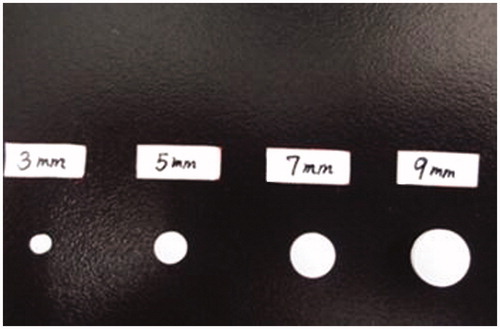 Figure 7. Photographs taken of different diameters (3 mm, 5 mm, 7 mm, 9 mm) of famotidine tablets.