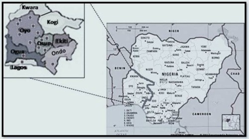 Figure 1 Map of Nigeria (right), map of southwest Nigeria (left).