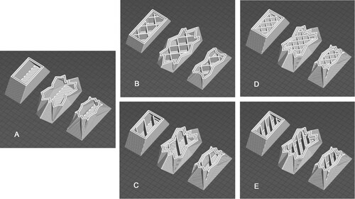 Figure 3. (A) 0% infill, (B) 15% rectilinear infill, (C) 15% aligned rectilinear infill, (D) 25% rectilinear infill, (E) 25% aligned rectilinear infill.