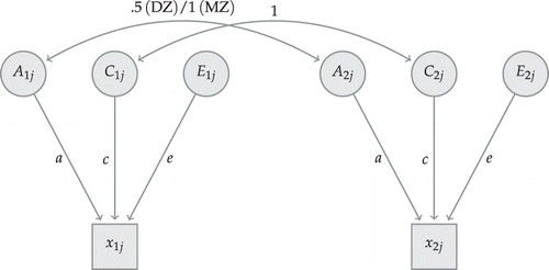 Figure 2. ACE model for the analyses of genetic, shared environmental and unique environmental components to variation in phenotype x.