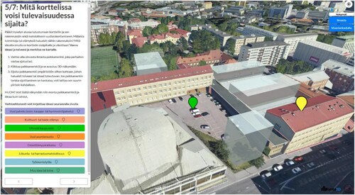 Figure 2. A screen capture from the 3D PPGIS survey. The 3D map view showed terrain, buildings, streets, trees and also the planned new buildings. The mapping task asked ‘What could be located in this area in the future?’ and the respondent could locate different development preferences as point markers in the 3D view.