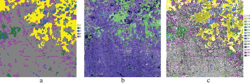 Figure 5. An example of improving the baseline land-cover map quality based on the baseline image. (a) Baseline land-cover classification data with five categories; (b) baseline Landsat R5G4B3; and (c) improved classification with each raw class divided into three subclasses after outliers (white pixels) are removed.