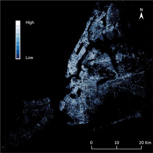 Figure 1. The kernel density map for the spatial distributions of parking violation tickets in the New York city over the fiscal years of 2017 and 2018.