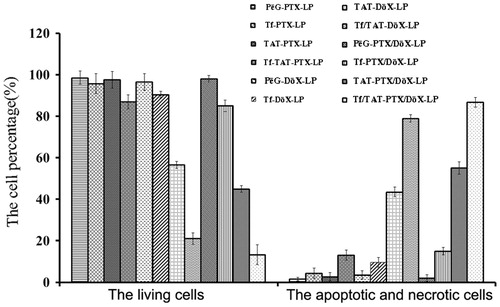 Figure 8. The apoptosis study on B16 cells after incubation with different liposomes. Data represent the mean ± SD (n = 3). The left bar graph showed the percentage of living (survival) cells, while the right bar graph showed the apoptotic and necrotic rate of B16 cells.
