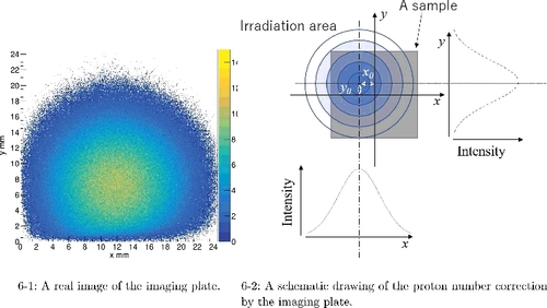 Figure 6. A schematic drawing of the proton number correction (6-2) and a real image of the imaging plate (6-1).