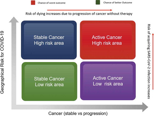Figure 1. Hypothesis of the patient prognosis based on cancer stability and geographical risk of acquiring SARS-CoV-2 infection.