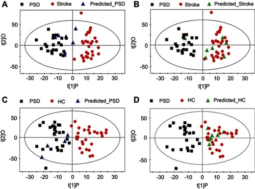 Figure 3 Assessing reliability of constructed OPLS-DA model. The new OPLS-DA models constructed with 80% of the recruited subjects were used to predict class membership in the remaining 20% of subjects. (A and B) 6 of the 7 PSD subjects and 6 of the 7 stroke subjects were correctly predicted, yielding an accuracy of 85.7%; (C and D) 6 of the 7 PSD subjects and all 7 healthy comparison subjects were correctly classified, resulting in an accuracy of 92.8%. Abbreviations: HC, healthy comparison; OPLS-DA, orthogonal partial least-squares discriminant analysis; PSD, post-stroke depression.