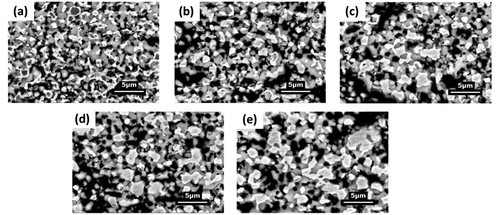 Figure 13. BSE microstructure image of the Ni-SSZ AFL of (a) before cell test, after test for 1000 h at 800°C and (b) 200 mAcm−2 (c) 450 mAcm−2 (d) 700 mAcm−2 (e) 1000 mAcm−2, (Reproduced with permission from [Citation92])