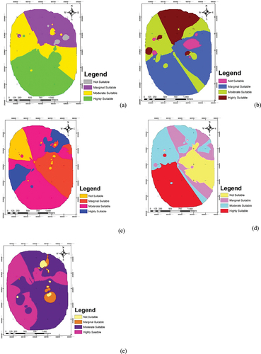 Figure 4. Primary potato land suitability criteria map: (a) Terrain distribution parameters. (b) Static soil parameters. (c) Available soil nutrient. (d) Agricultural practice parameters. (e) Local variation parameter.