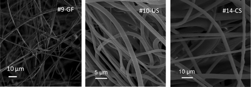 FIG. 1 SEM images of the simulated filter media: #9 glass fiber; #10 uncharged synthetic fiber; #14 charged synthetic fiber.
