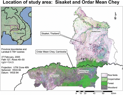 Figure 3. Study area map showing the different spectral characteristics of Sisaket, Thailand, and Ordar Mean Chey, Cambodia.