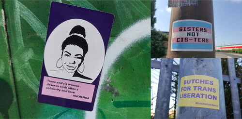 Figure 3. Stickers that reflect solidarity between trans people, women, and broader LGBQ + communities/identities (Photos by Hannah Awcock).